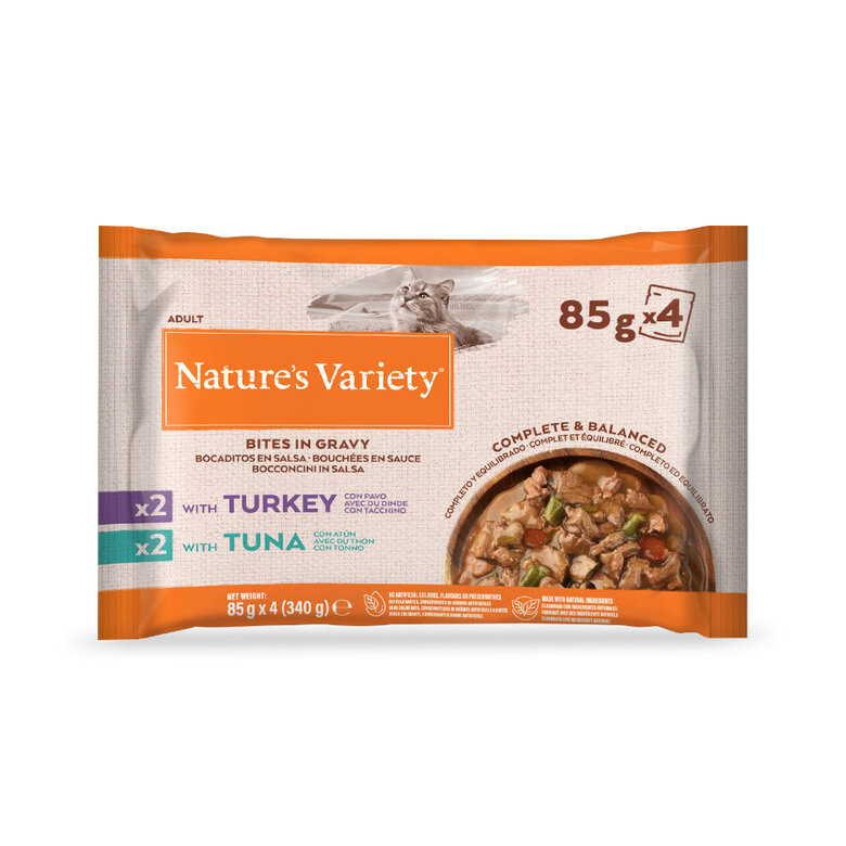 4 sobres x 85 g Nature's Variety Bocaditos de Pavo y Atún Sobre en Salsa para gatos,  Imagen numero 2 4 sobres x 85 g Nature's Variety Bocaditos de Pavo y Atún Sobre en Salsa para gatos, , large Imagen numero 2